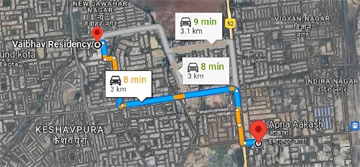 Distance from Vaibhav Residency to Apna Aakash